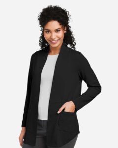 Devon & Jones DP125W Women’s Raleigh Stretch Cardigan – Black (on model side)