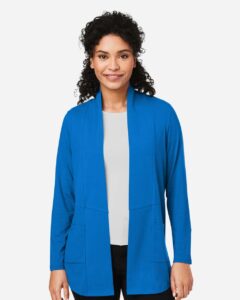 Devon & Jones DP125W Women’s Raleigh Stretch Cardigan – French Blue (on model)