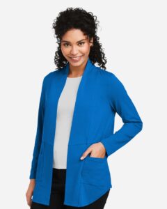 Devon & Jones DP125W Women’s Raleigh Stretch Cardigan – French Blue (on model side)