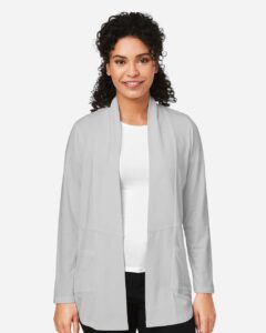 Devon & Jones DP125W Women’s Raleigh Stretch Cardigan – Grey (on model)