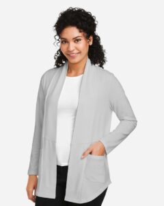 Devon & Jones DP125W Women’s Raleigh Stretch Cardigan – Grey (on model side)