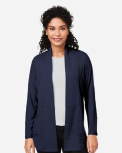 Devon & Jones DP125W Women’s Raleigh Stretch Cardigan – Navy (on model)
