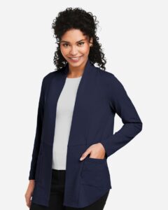Devon & Jones DP125W Women’s Raleigh Stretch Cardigan – Navy (on model side)