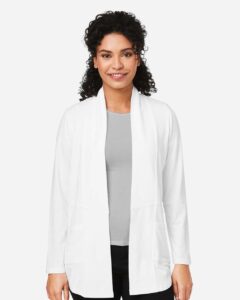 Devon & Jones DP125W Women’s Raleigh Stretch Cardigan – White (on model)