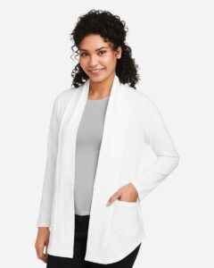 Devon & Jones DP125W Women’s Raleigh Stretch Cardigan – White (on model side)