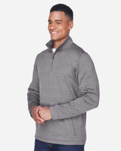 Devon & Jones DG798 Men’s Newbury Mélange Fleece Quarter-Zip Pullover – Dark Grey Heather (on model side)