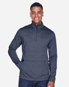 Devon & Jones DG798 Men’s Newbury Mélange Fleece Quarter-Zip Pullover – Navy Heather (on model)