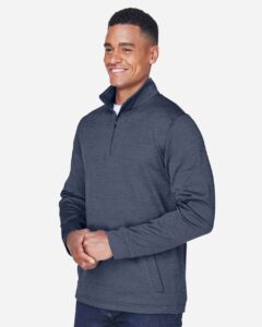 Devon & Jones DG798 Men’s Newbury Mélange Fleece Quarter-Zip Pullover – Navy Heather (on model side)