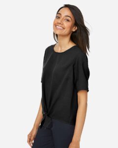 Devon & Jones DP617W Women’s Perfect Fit™ Tie Front Blouse – Black (on model side)