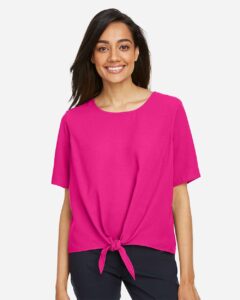 Devon & Jones DP617W Women’s Perfect Fit™ Tie Front Blouse – Crown Raspberry (on model)
