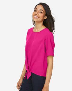 Devon & Jones DP617W Women’s Perfect Fit™ Tie Front Blouse – Crown Raspberry (on model side)