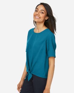Devon & Jones DP617W Women’s Perfect Fit™ Tie Front Blouse – Dark Teal (on model side)