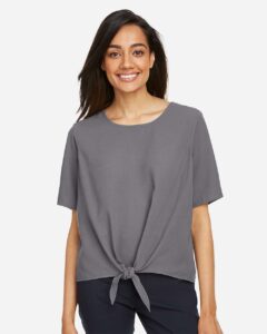 Devon & Jones DP617W Women’s Perfect Fit™ Tie Front Blouse – Graphite (on model)