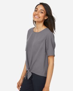 Devon & Jones DP617W Women’s Perfect Fit™ Tie Front Blouse – Graphite (on model side)