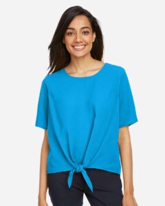Devon & Jones DP617W Women’s Perfect Fit™ Tie Front Blouse – Ocean Blue (on model)