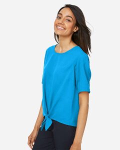 Devon & Jones DP617W Women’s Perfect Fit™ Tie Front Blouse – Ocean Blue (on model side)