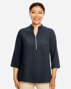 Devon & Jones DP611W Women’s Perfect Fit™  Three-Quarter Sleeve Crepe Tunic – Black (on model)