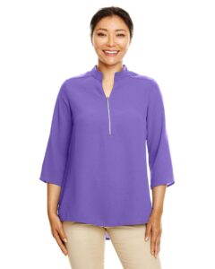 Devon & Jones DP611W Women’s Perfect Fit™  Three-Quarter Sleeve Crepe Tunic – Grape (on model)