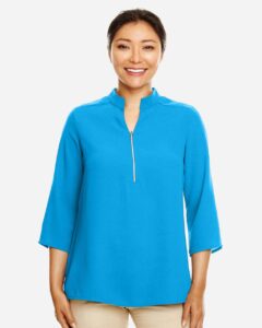 Devon & Jones DP611W Women’s Perfect Fit™  Three-Quarter Sleeve Crepe Tunic – Ocean Blue (on model)