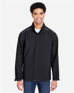 CORE365 CE712 Men’s Barrier Packable Rain Jacket – Black (on model)