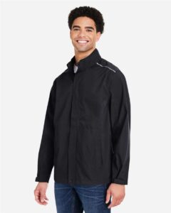 CORE365 CE712 Men’s Barrier Packable Rain Jacket – Black (on model side)