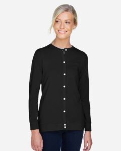 Devon & Jones DP181W Women’s Perfect Fit™ Ribbon Cardigan – Black (on model)