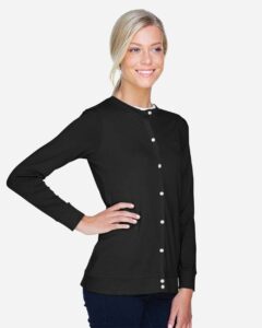 Devon & Jones DP181W Women’s Perfect Fit™ Ribbon Cardigan – Black (on model side)