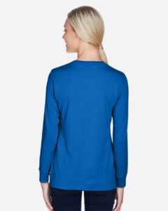 Devon & Jones DP181W Women’s Perfect Fit™ Ribbon Cardigan – French Blue (on model back)