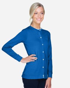 Devon & Jones DP181W Women’s Perfect Fit™ Ribbon Cardigan – French Blue (on model side)