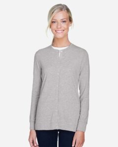 Devon & Jones DP181W Women’s Perfect Fit™ Ribbon Cardigan – Grey Heather (on model)