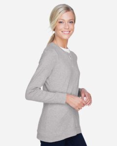 Devon & Jones DP181W Women’s Perfect Fit™ Ribbon Cardigan – Grey Heather (on model side)