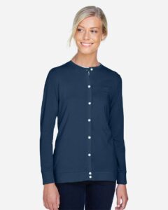 Devon & Jones DP181W Women’s Perfect Fit™ Ribbon Cardigan – Navy (on model)