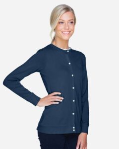 Devon & Jones DP181W Women’s Perfect Fit™ Ribbon Cardigan – Navy (on model side)