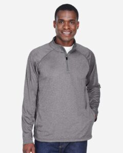 Devon & Jones DG440 Men’s Stretch Tech-Shell® Compass Quarter-Zip Pullover – Dark Grey Heather (on model)