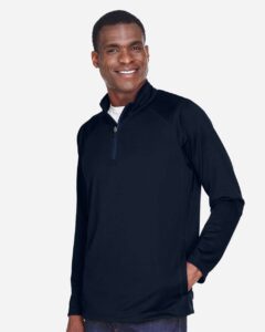 Devon & Jones DG440 Men’s Stretch Tech-Shell® Compass Quarter-Zip Pullover – Navy (on model side)