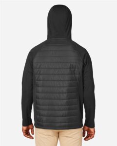 CORE365 CE808 Unisex Techno Lite Hybrid Hooded Jacket – Black (on model back)