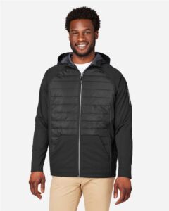 CORE365 CE808 Unisex Techno Lite Hybrid Hooded Jacket – Black (on model)