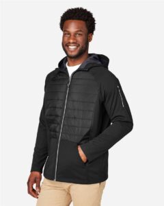 CORE365 CE808 Unisex Techno Lite Hybrid Hooded Jacket – Black (on model side)