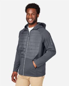 CORE365 CE808 Unisex Techno Lite Hybrid Hooded Jacket – Carbon (on model side)