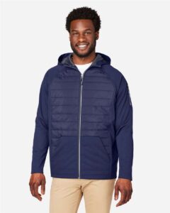 CORE365 CE808 Unisex Techno Lite Hybrid Hooded Jacket – Classic Navy (on model)