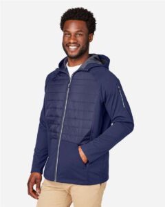 CORE365 CE808 Unisex Techno Lite Hybrid Hooded Jacket – Classic Navy (on model side)