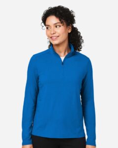 Devon & Jones DG425W Women’s Raleigh Stretch Quarter-Zip Pullover – French Blue (on model)