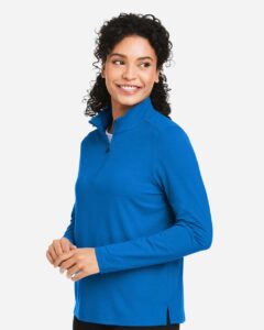 Devon & Jones DG425W Women’s Raleigh Stretch Quarter-Zip Pullover – French Blue (on model side)