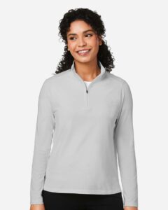Devon & Jones DG425W Women’s Raleigh Stretch Quarter-Zip Pullover – Grey (on model)