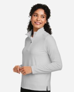 Devon & Jones DG425W Women’s Raleigh Stretch Quarter-Zip Pullover – Grey (on model side)