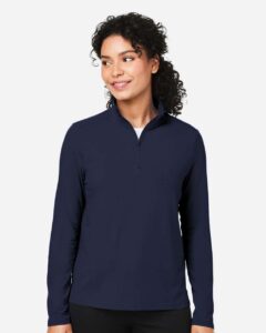 Devon & Jones DG425W Women’s Raleigh Stretch Quarter-Zip Pullover – Navy (on model)