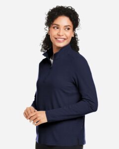 Devon & Jones DG425W Women’s Raleigh Stretch Quarter-Zip Pullover – Navy (on model side)