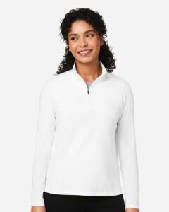 Devon & Jones DG425W Women’s Raleigh Stretch Quarter-Zip Pullover – White (on model)