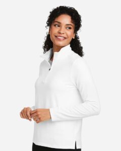 Devon & Jones DG425W Women’s Raleigh Stretch Quarter-Zip Pullover – White (on model side)