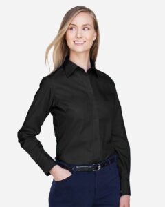 Devon & Jones D620W Women’s Crown Collection® Broadcloth Woven Dress Shirt – Black (on model side)